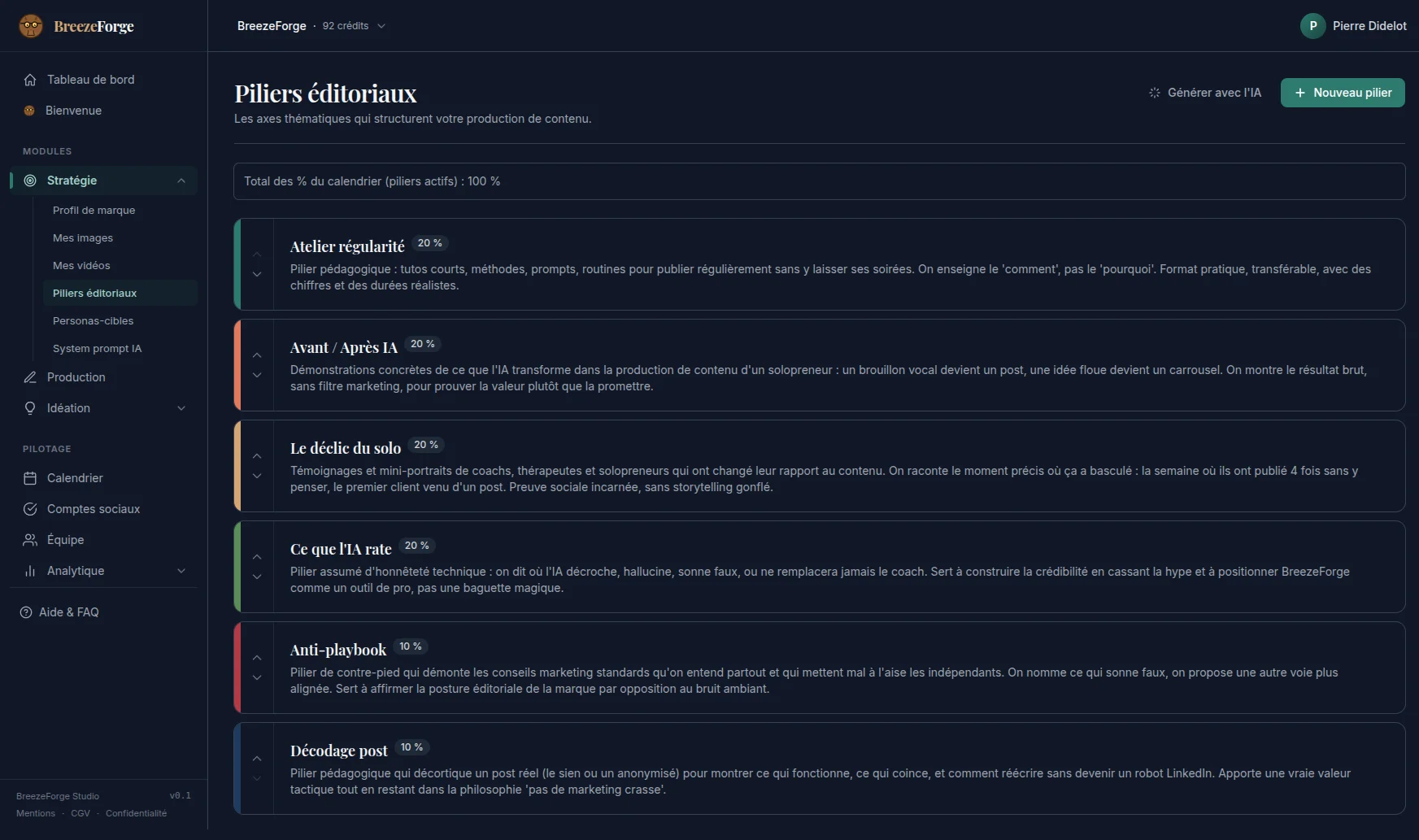 La page Piliers éditoriaux de Studio : six axes de contenu avec leur part du calendrier et leur description.